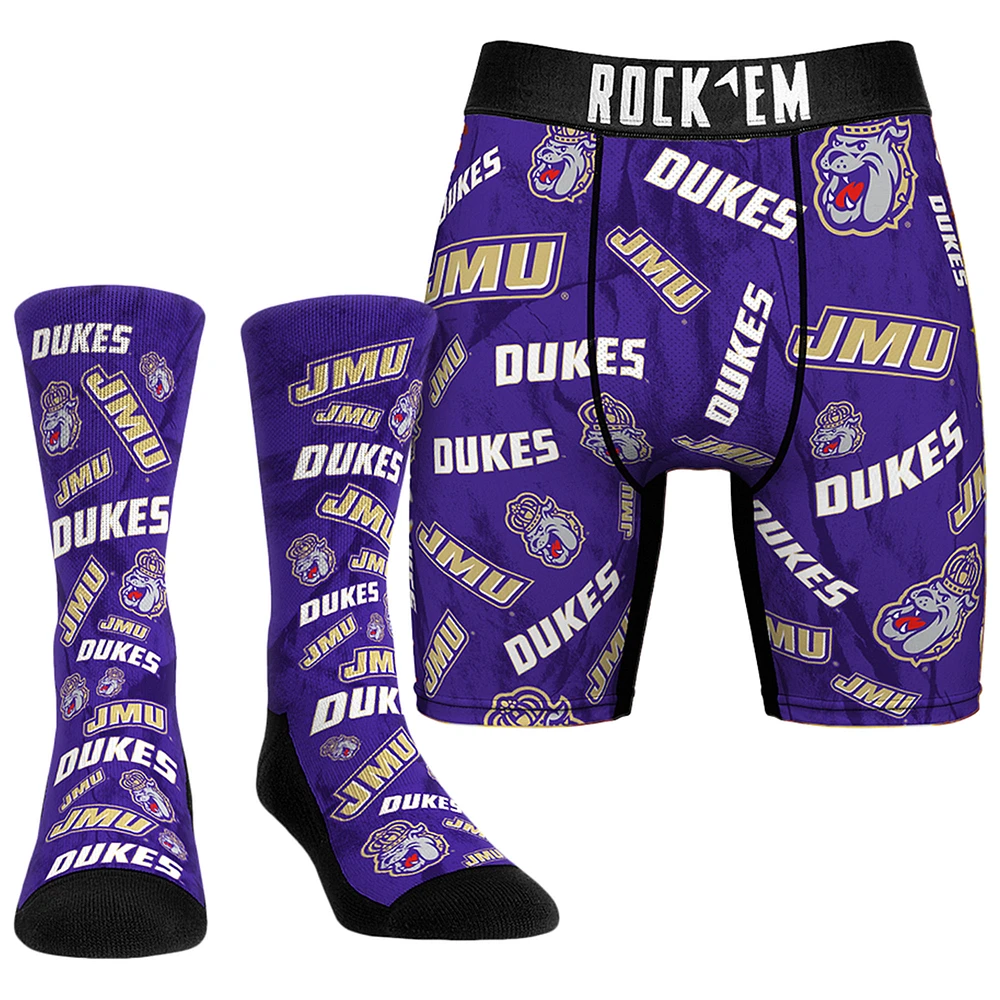 Men's Rock Em Socks James Madison Dukes All-Over Underwear and Crew Combo Pack