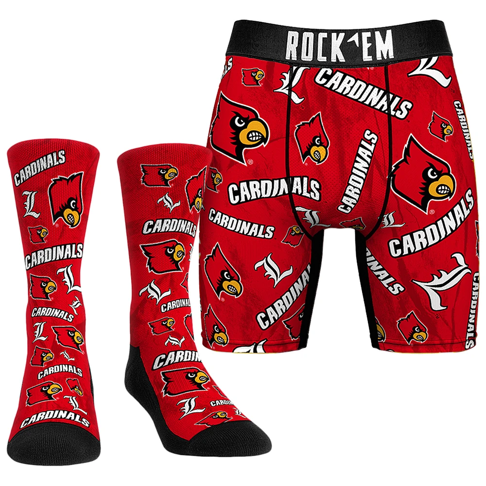 Men's Rock Em Socks Louisville Cardinals All-Over Underwear and Crew Combo Pack