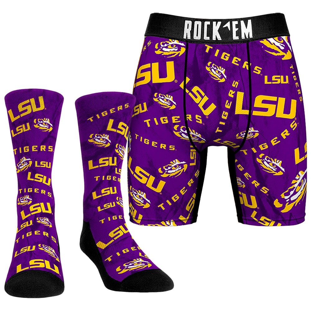 Men's Rock Em Socks LSU Tigers All-Over Underwear and Crew Combo Pack