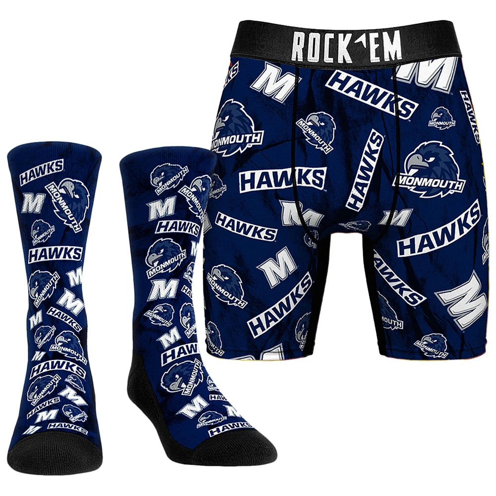Men's Rock Em Socks Monmouth Hawks All-Over Underwear and Crew Combo Pack