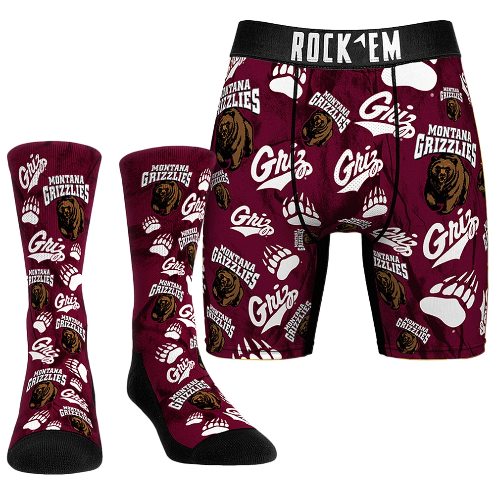 Men's Rock Em Socks Montana Grizzlies All-Over Underwear and Crew Combo Pack