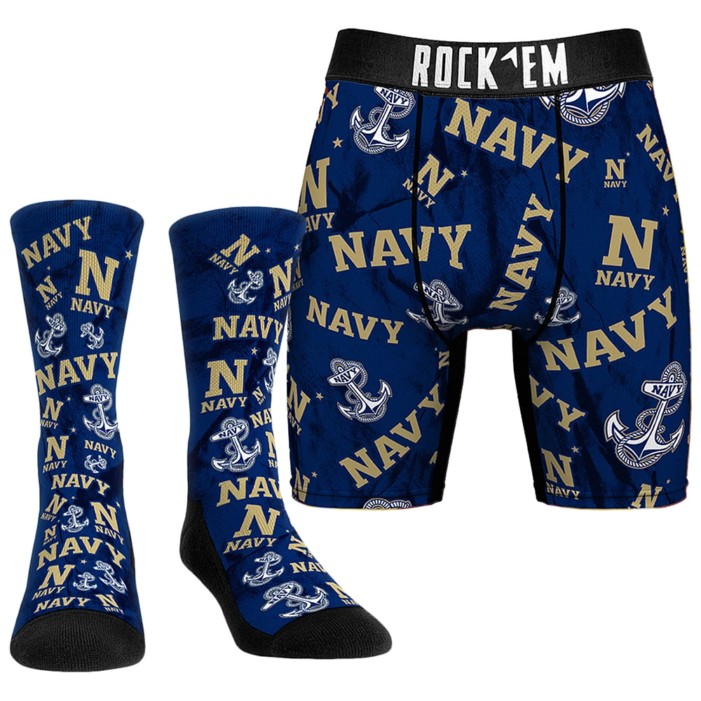 Men's Rock Em Socks Navy Midshipmen All-Over Underwear and Crew Combo Pack