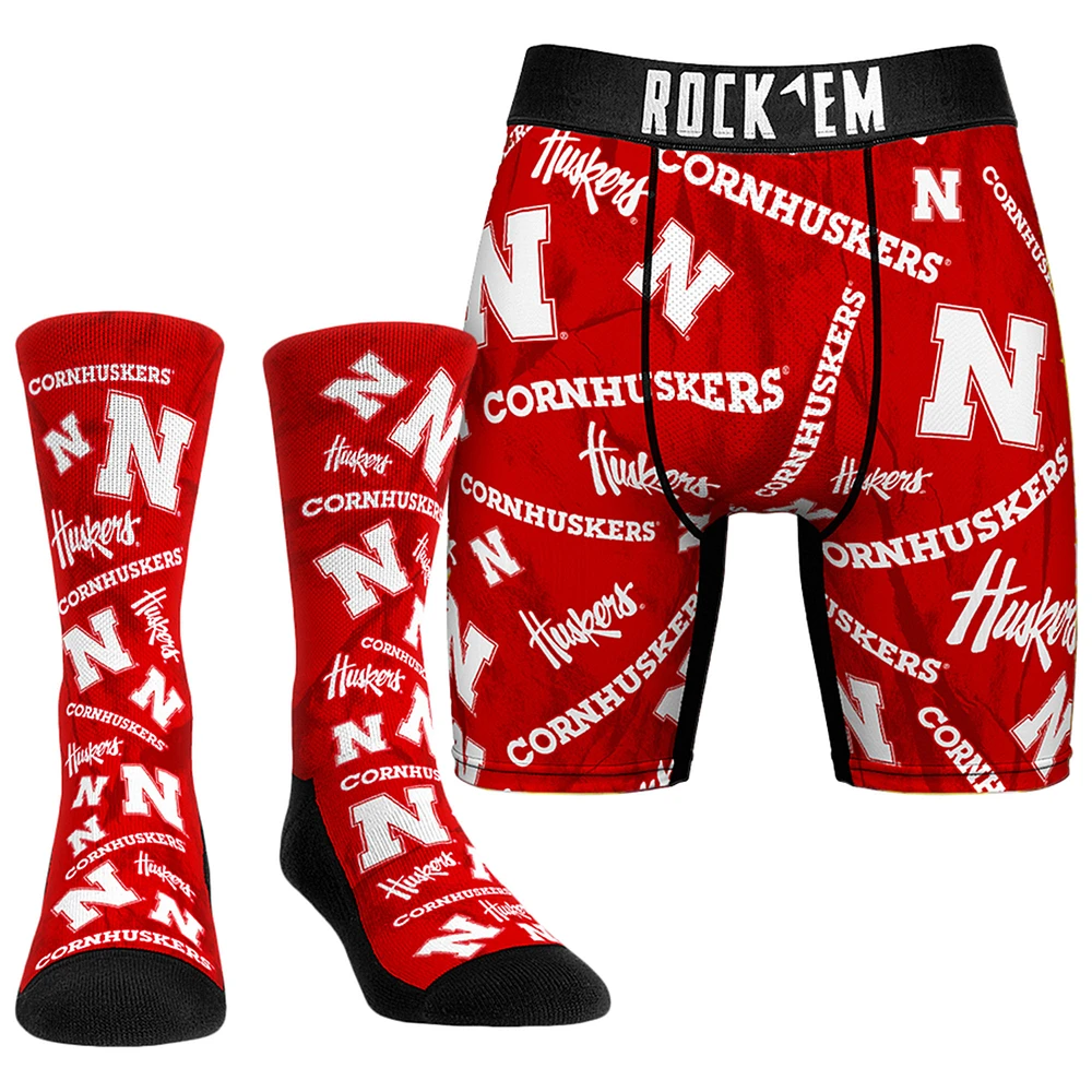 Men's Rock Em Socks Nebraska Huskers All-Over Underwear and Crew Combo Pack