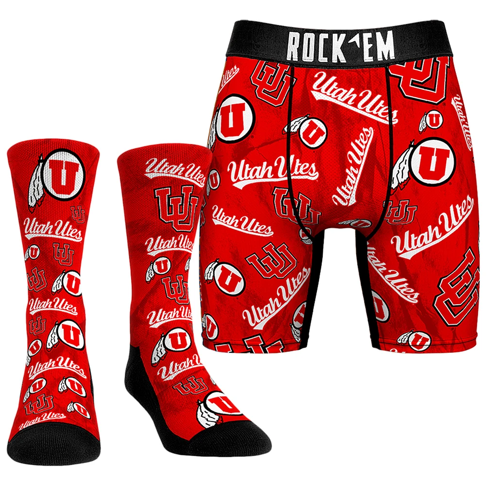 Men's Rock Em Socks Utah Utes All-Over Underwear and Crew Combo Pack