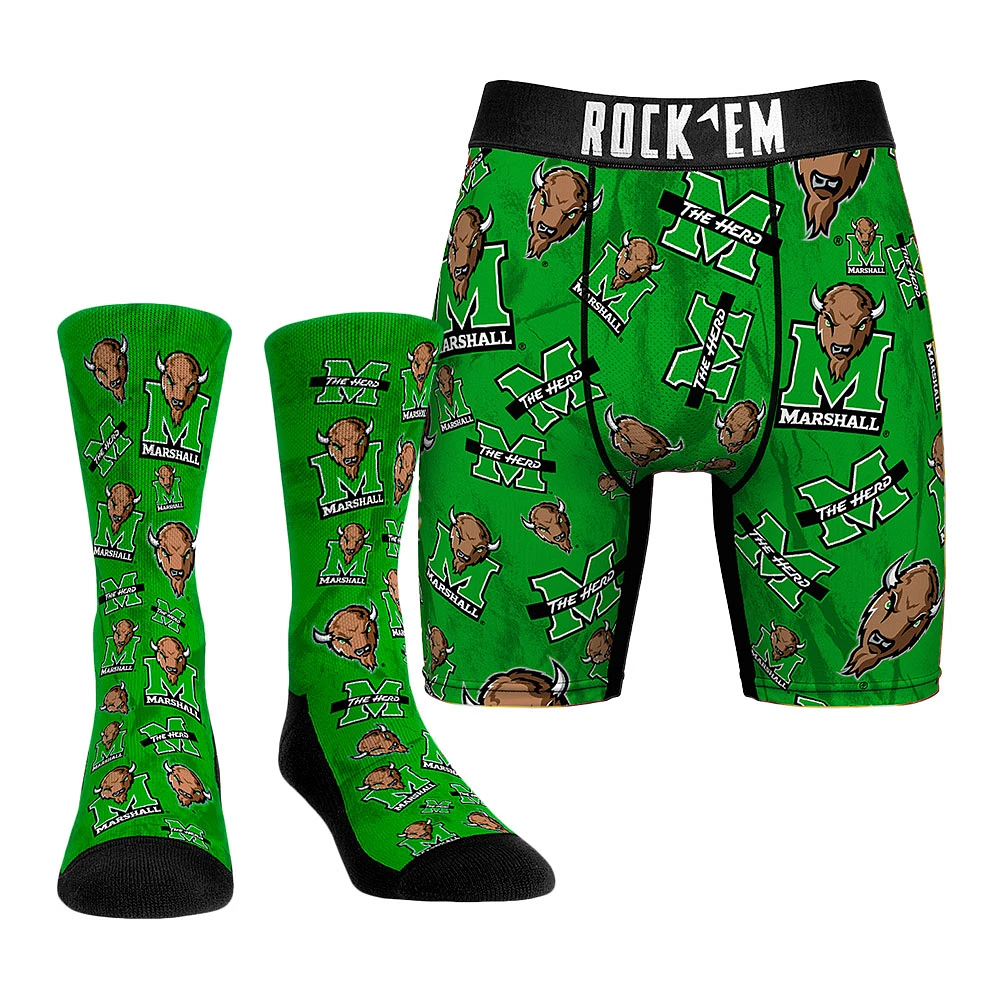 Men's Rock Em Socks Marshall Thundering Herd All-Over Underwear and Crew Combo Pack