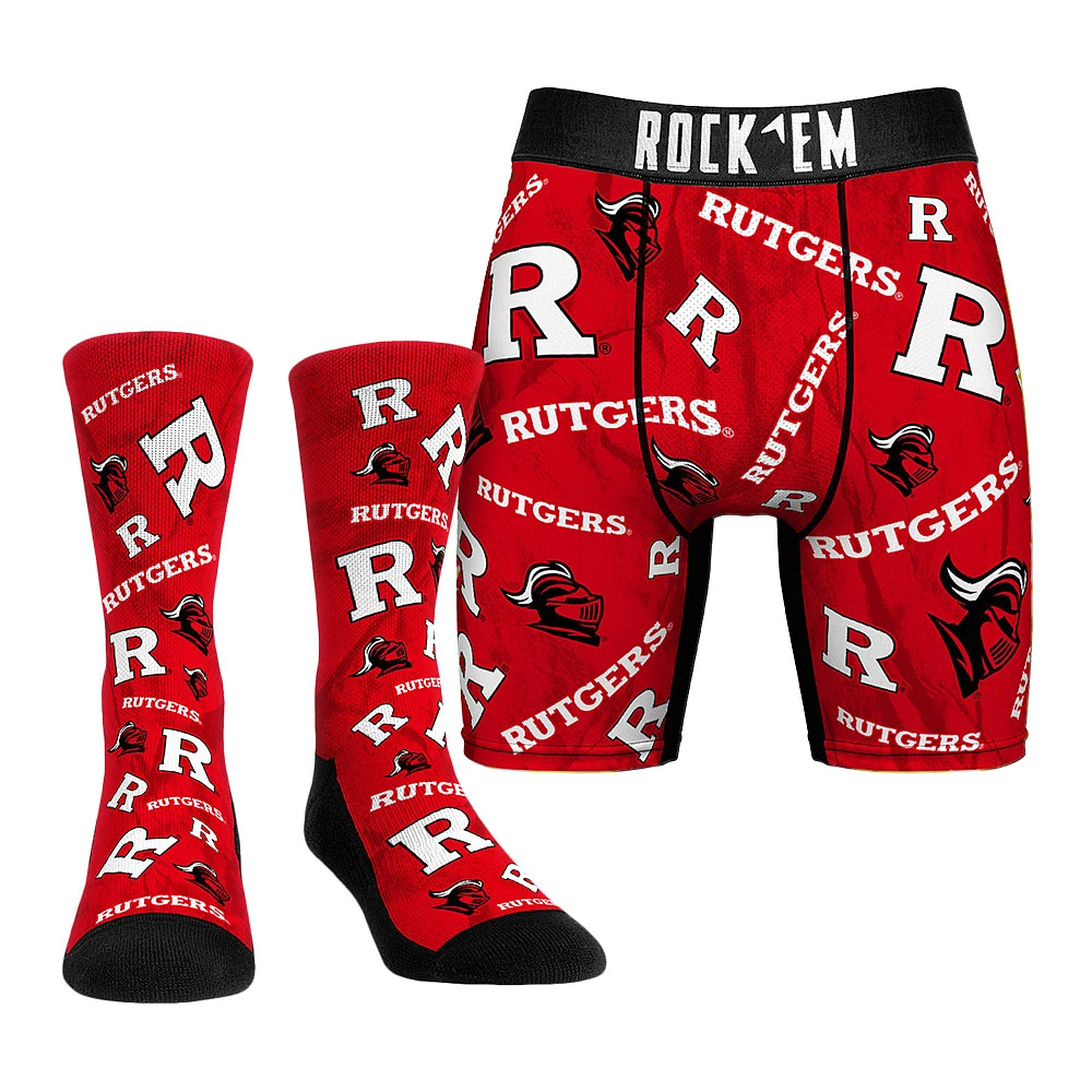 Men's Rock Em Socks Rutgers Scarlet Knights All-Over Underwear and Crew Combo Pack