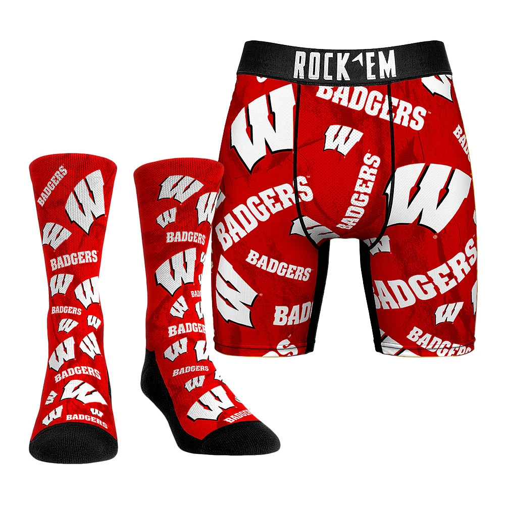 Men's Rock Em Socks Wisconsin Badgers All-Over Underwear and Crew Combo Pack