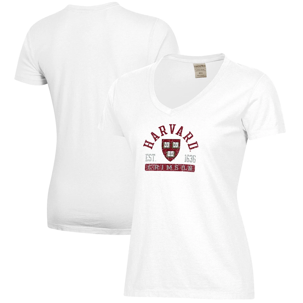 Women's White Harvard Crimson Arch Logo Comfort Wash V-Neck T-Shirt