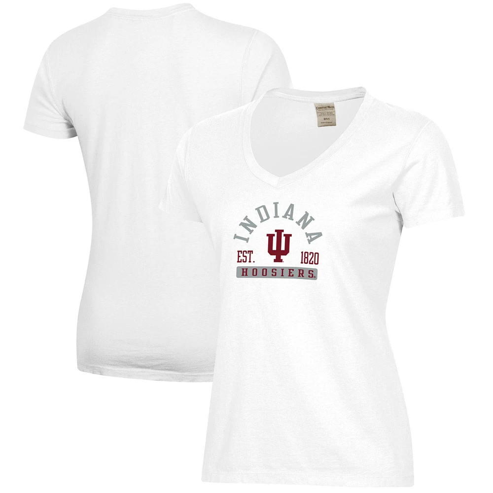 Women's White Indiana Hoosiers Arch Logo Comfort Wash V-Neck T-Shirt