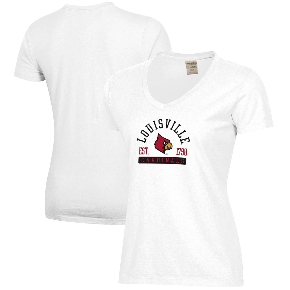 Women's White Louisville Cardinals Arch Logo Comfort Wash V-Neck T-Shirt