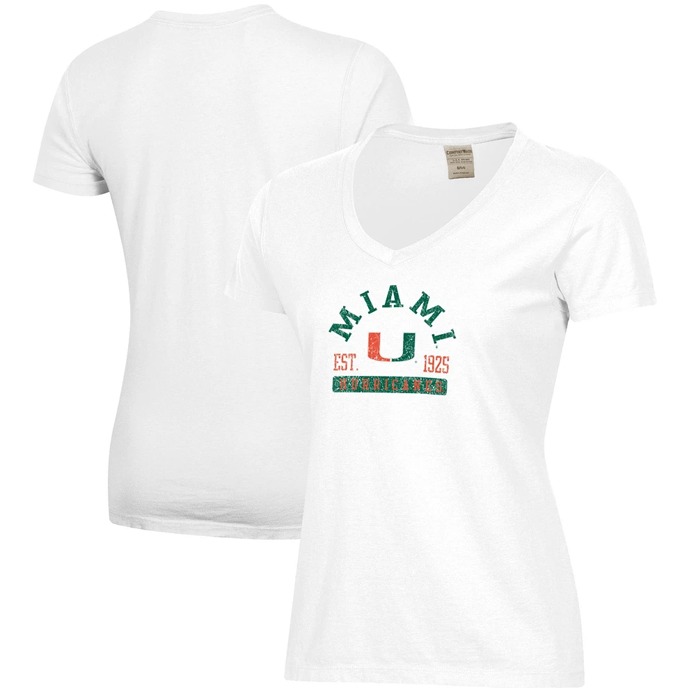 Women's White Miami Hurricanes Arch Logo Comfort Wash V-Neck T-Shirt
