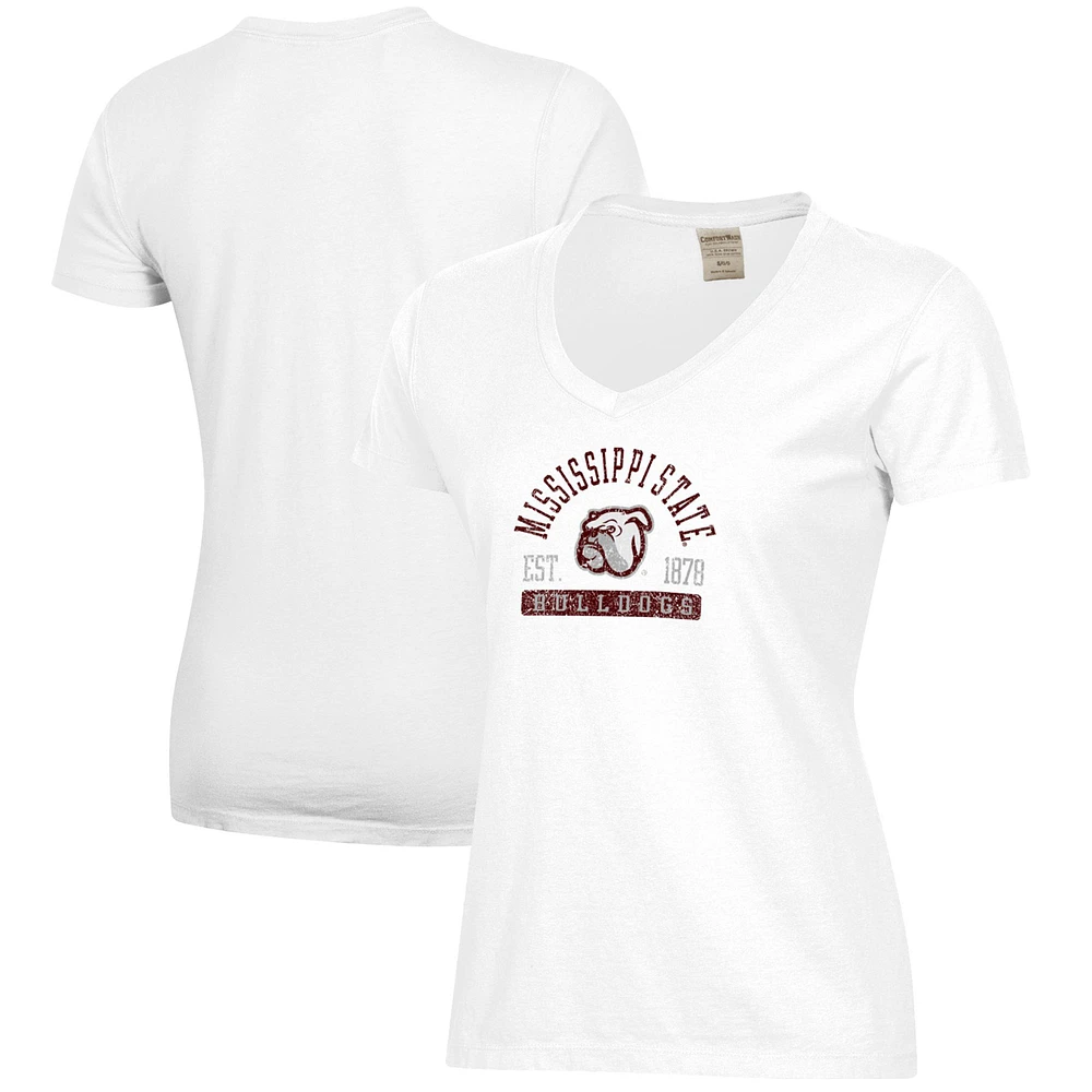 Women's White Mississippi State Bulldogs Arch Logo Comfort Wash V-Neck T-Shirt