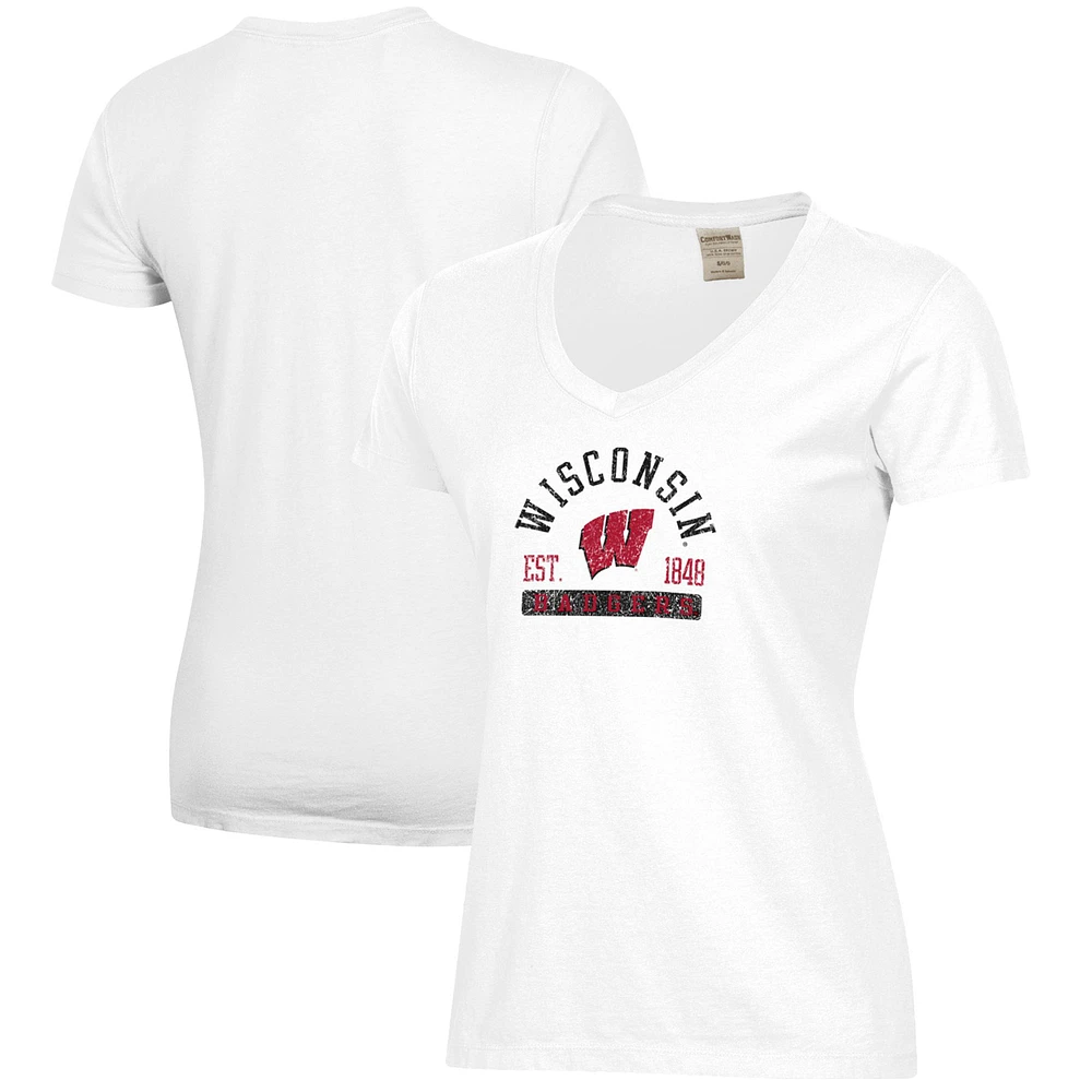 Women's White Wisconsin Badgers Arch Logo Comfort Wash V-Neck T-Shirt