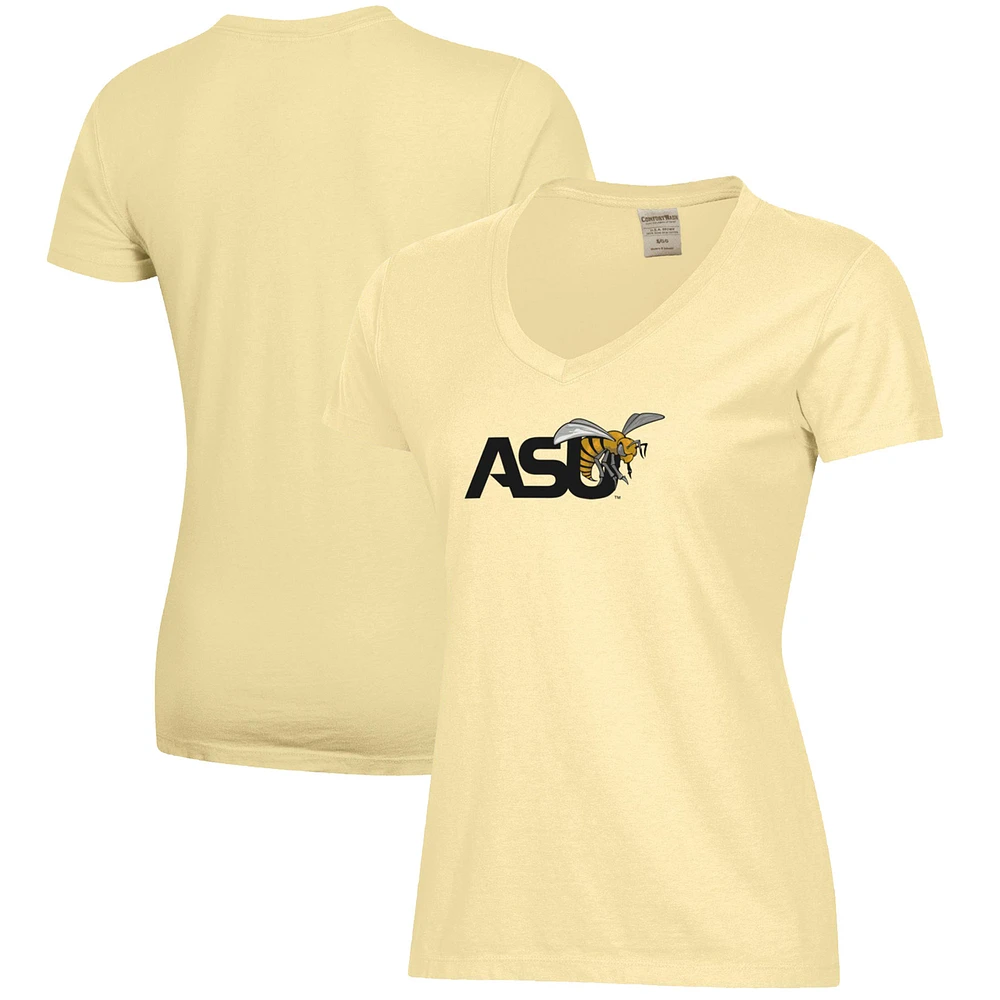 Women's Gold Alabama State Hornets Logo Comfort Wash V-Neck T-Shirt