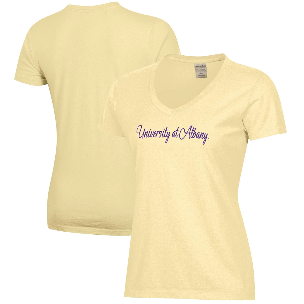 Women's Yellow UAlbany Great Danes Script Logo Comfort Wash V-Neck T-Shirt