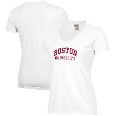 Women's White Boston University Script Logo Comfort Wash V-Neck T-Shirt