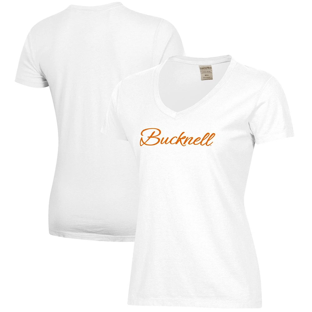Women's White Bucknell Bison Script Logo Comfort Wash V-Neck T-Shirt
