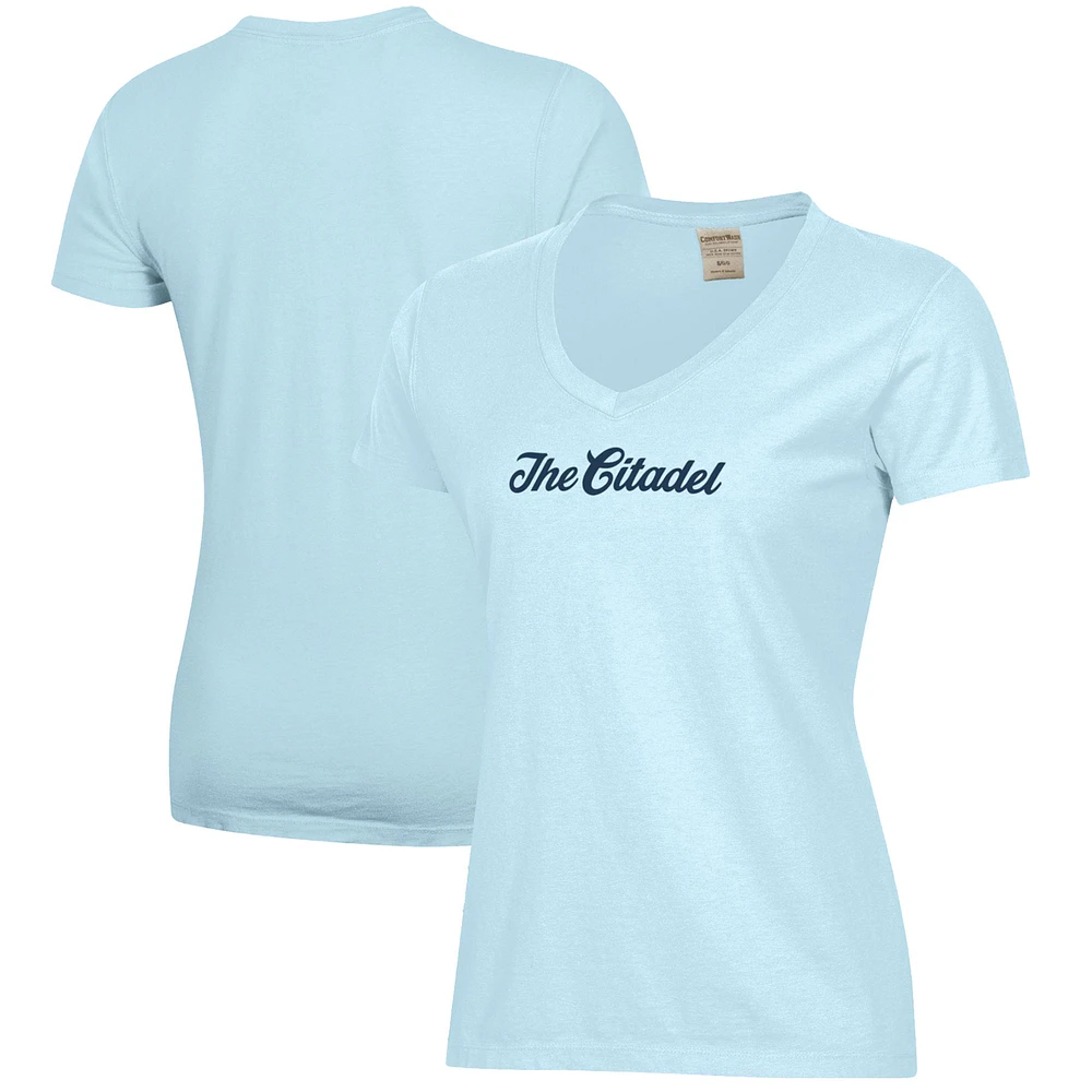 Women's Light Blue Citadel Bulldogs Script Logo Comfort Wash V-Neck T-Shirt