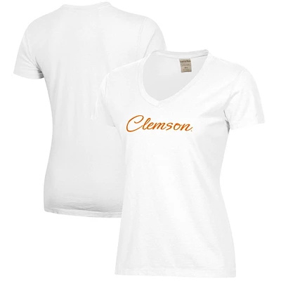 Women's White Clemson Tigers Script Logo Comfort Wash V-Neck T-Shirt