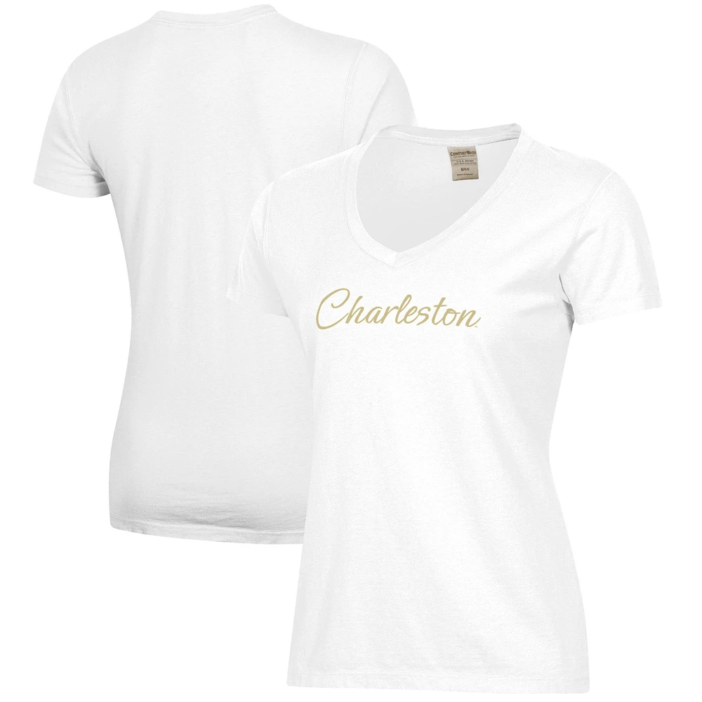 Women's White Charleston Cougars Script Logo Comfort Wash V-Neck T-Shirt