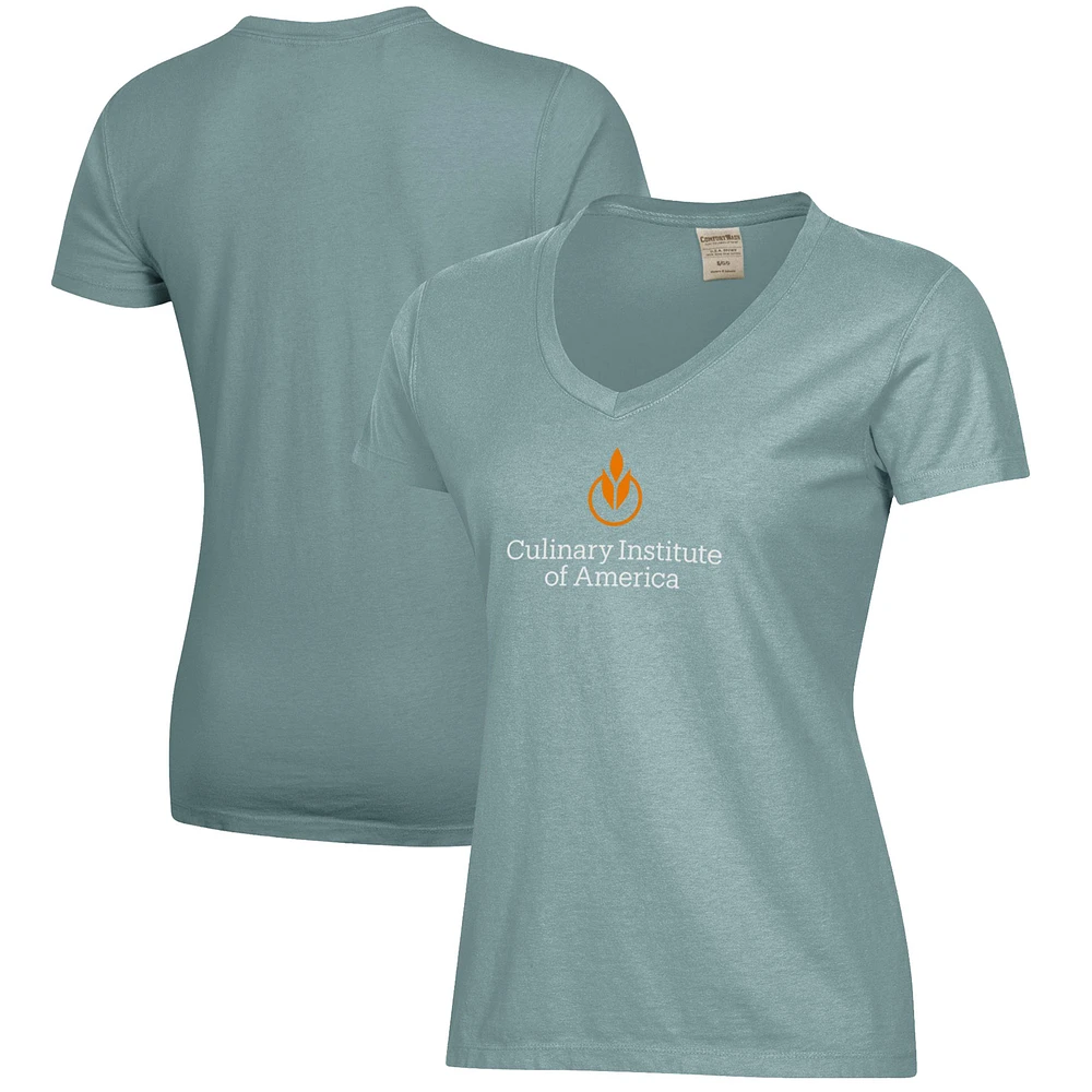 Women's Green Culinary Institute of America Steels Logo Comfort Wash V-Neck T-Shirt