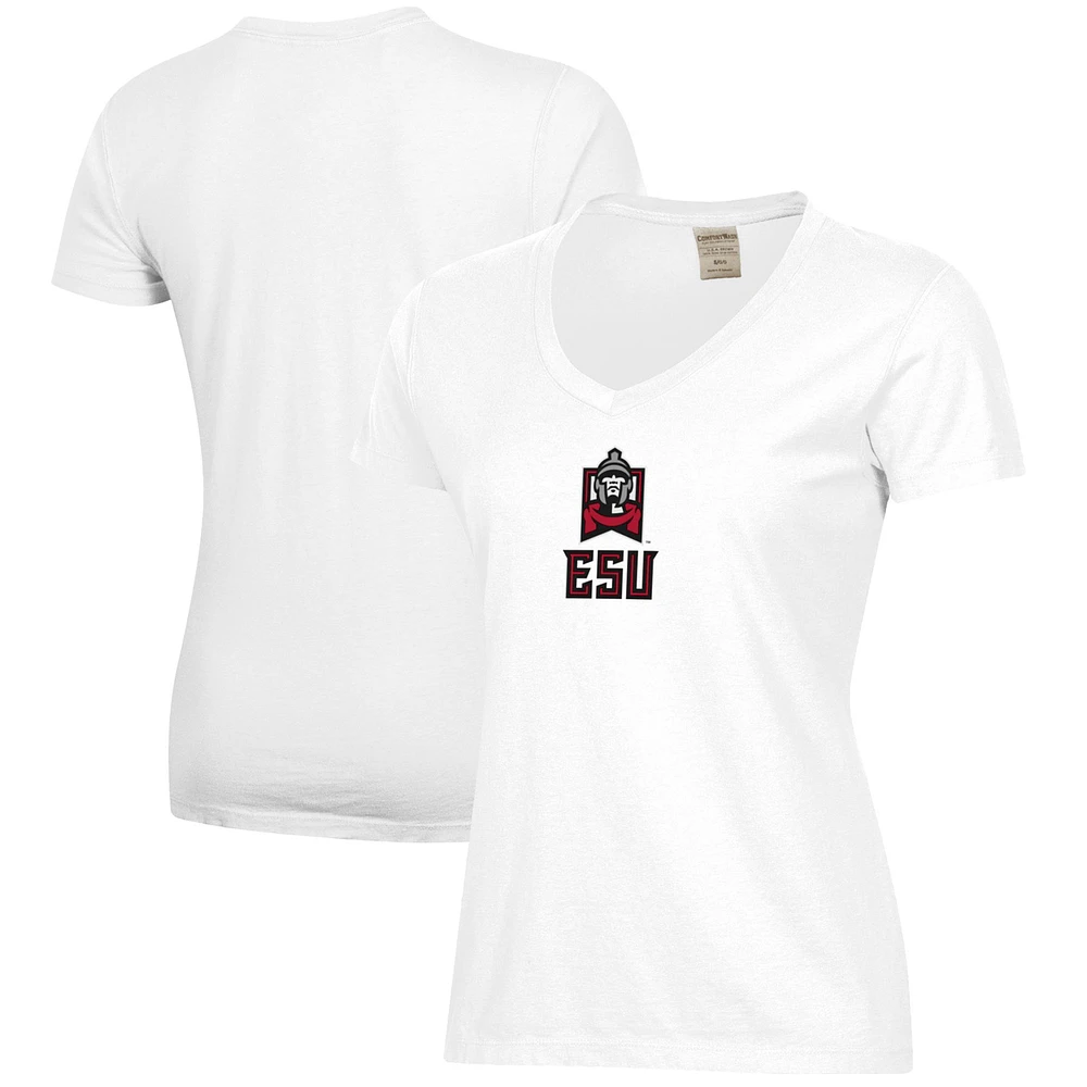 Women's White East Stroudsburg Warriors Logo Comfort Wash V-Neck T-Shirt