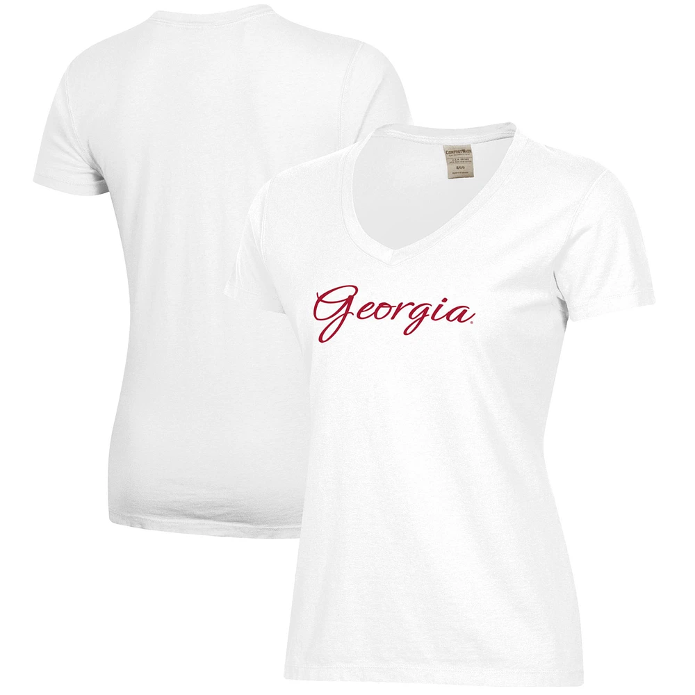 Women's White Georgia Bulldogs Script Logo Comfort Wash V-Neck T-Shirt