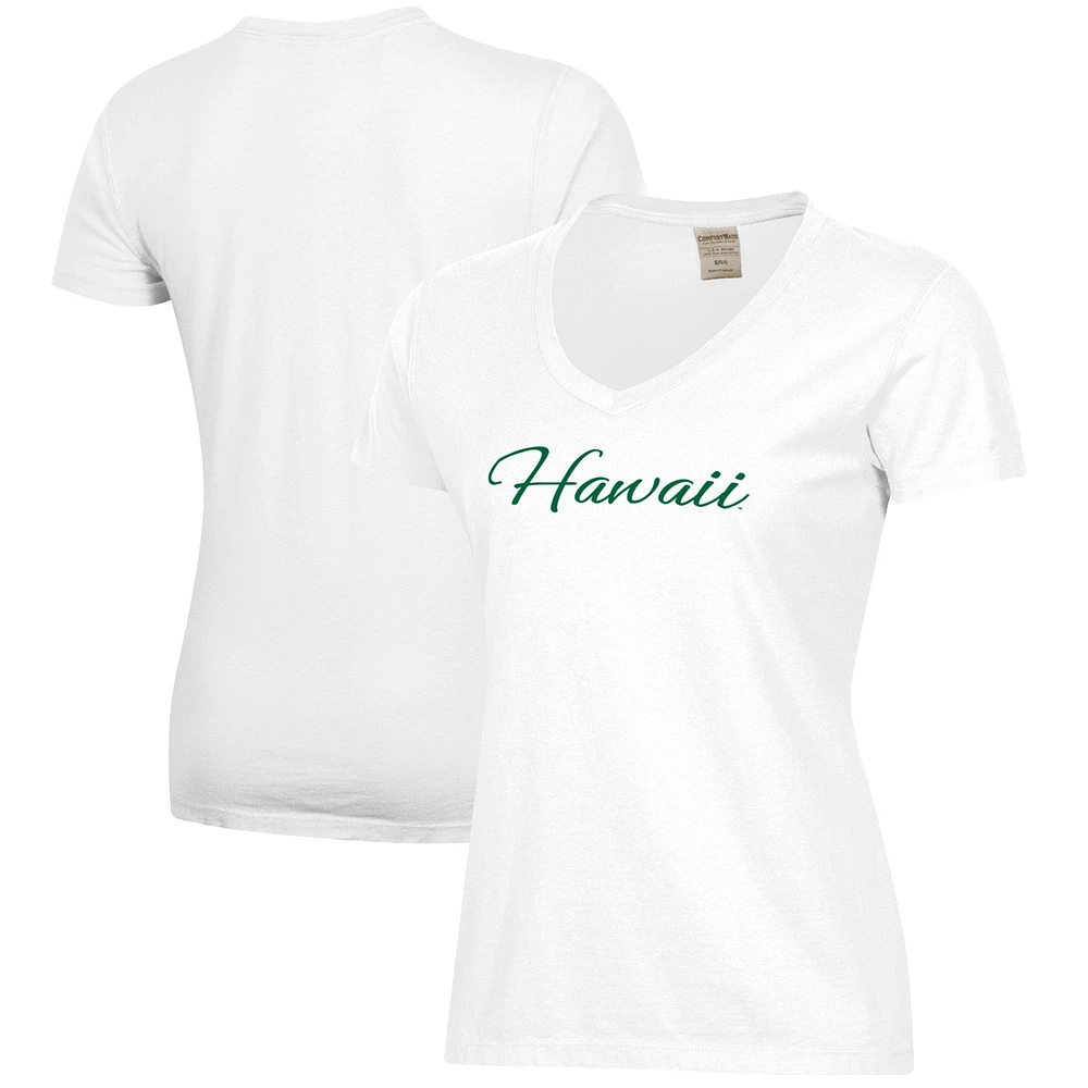 Women's White Hawaii Rainbow Warriors Script Logo Comfort Wash V-Neck T-Shirt