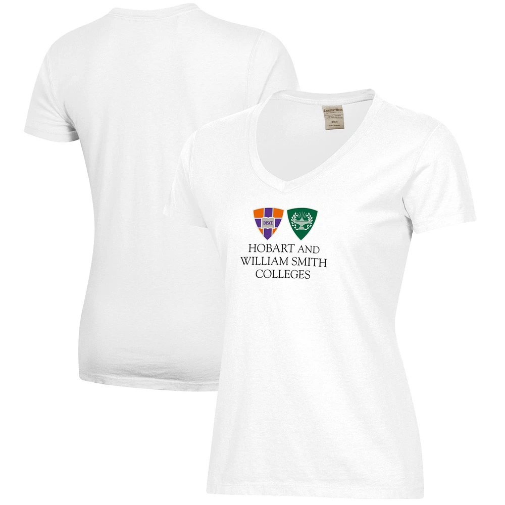Women's White Hobart & William Smith Colleges Logo Comfort Wash V-Neck T-Shirt