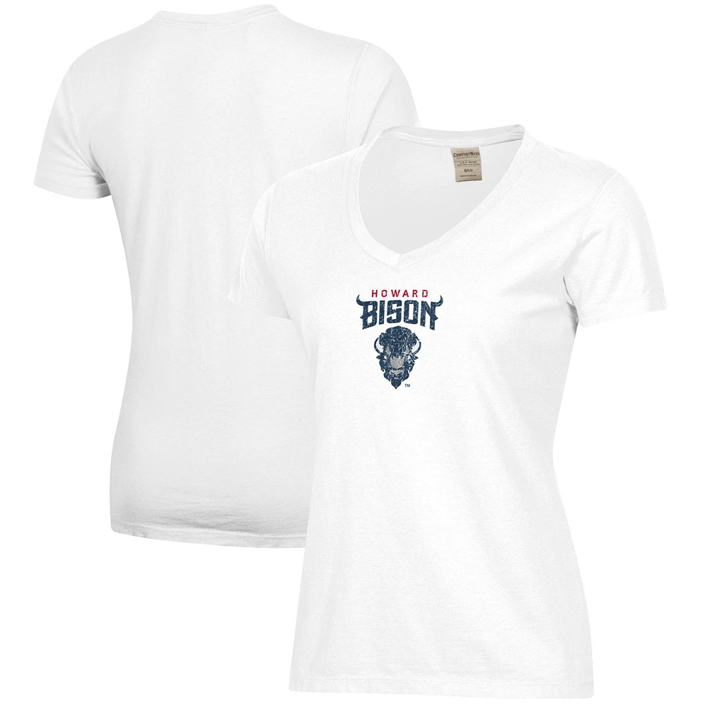 Women's White Howard Bison Logo Comfort Wash V-Neck T-Shirt