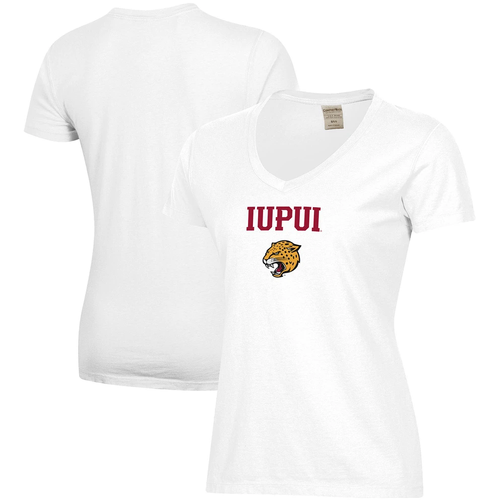 Women's White IUPUI Jaguars Logo Comfort Wash V-Neck T-Shirt