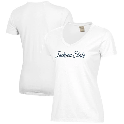 Women's White Jackson State Tigers Script Logo Comfort Wash V-Neck T-Shirt