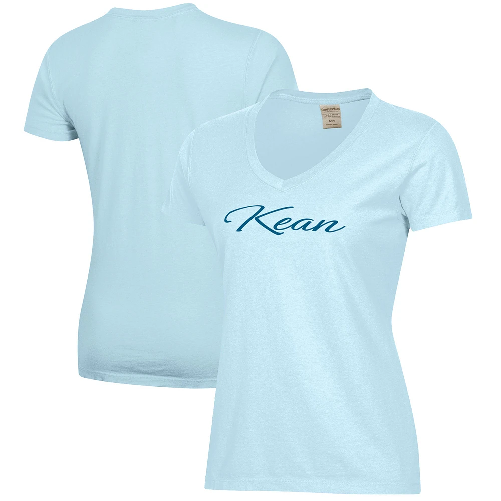 Women's Light Blue Kean University Cougars Script Logo Comfort Wash V-Neck T-Shirt
