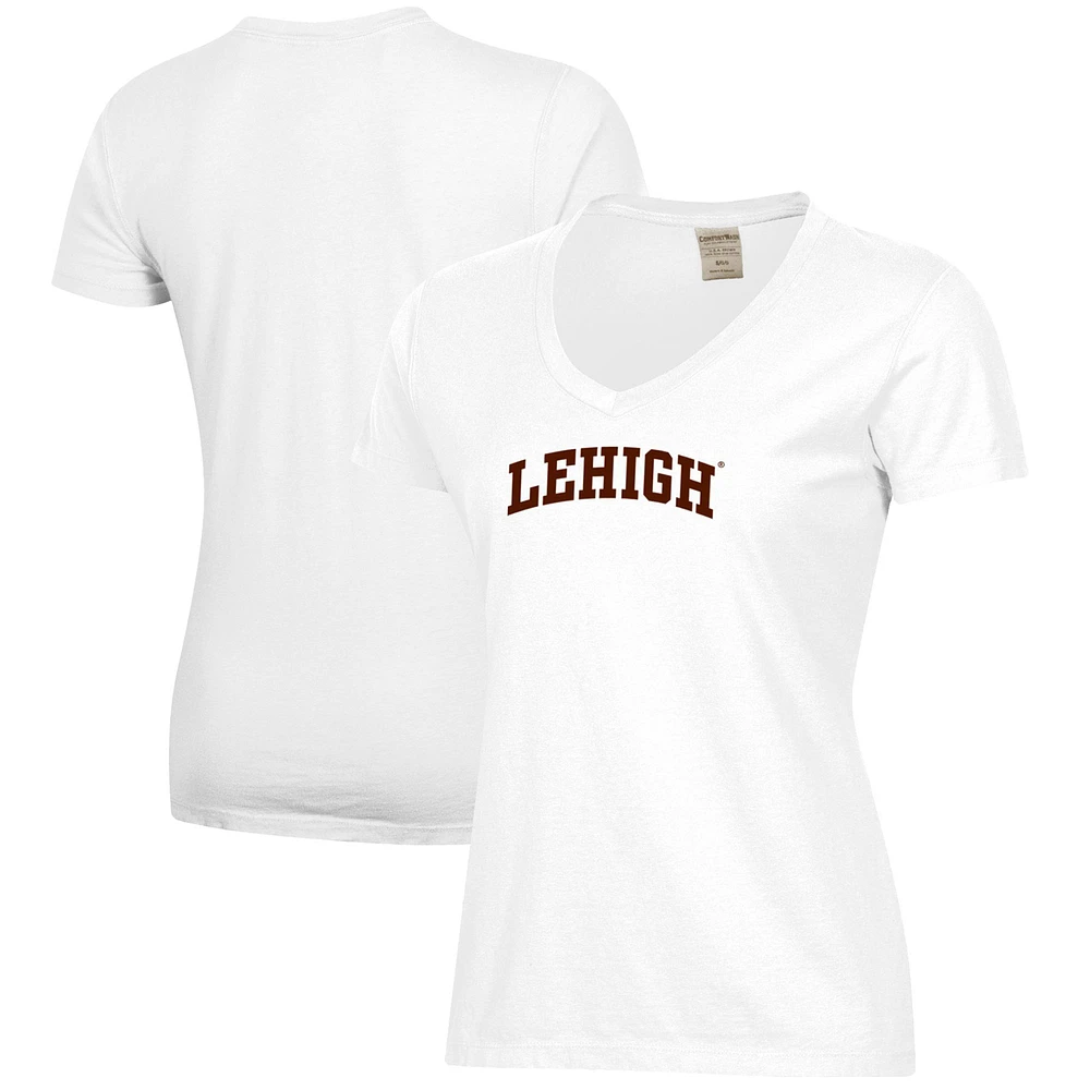 Women's White Lehigh Mountain Hawks Script Logo Comfort Wash V-Neck T-Shirt