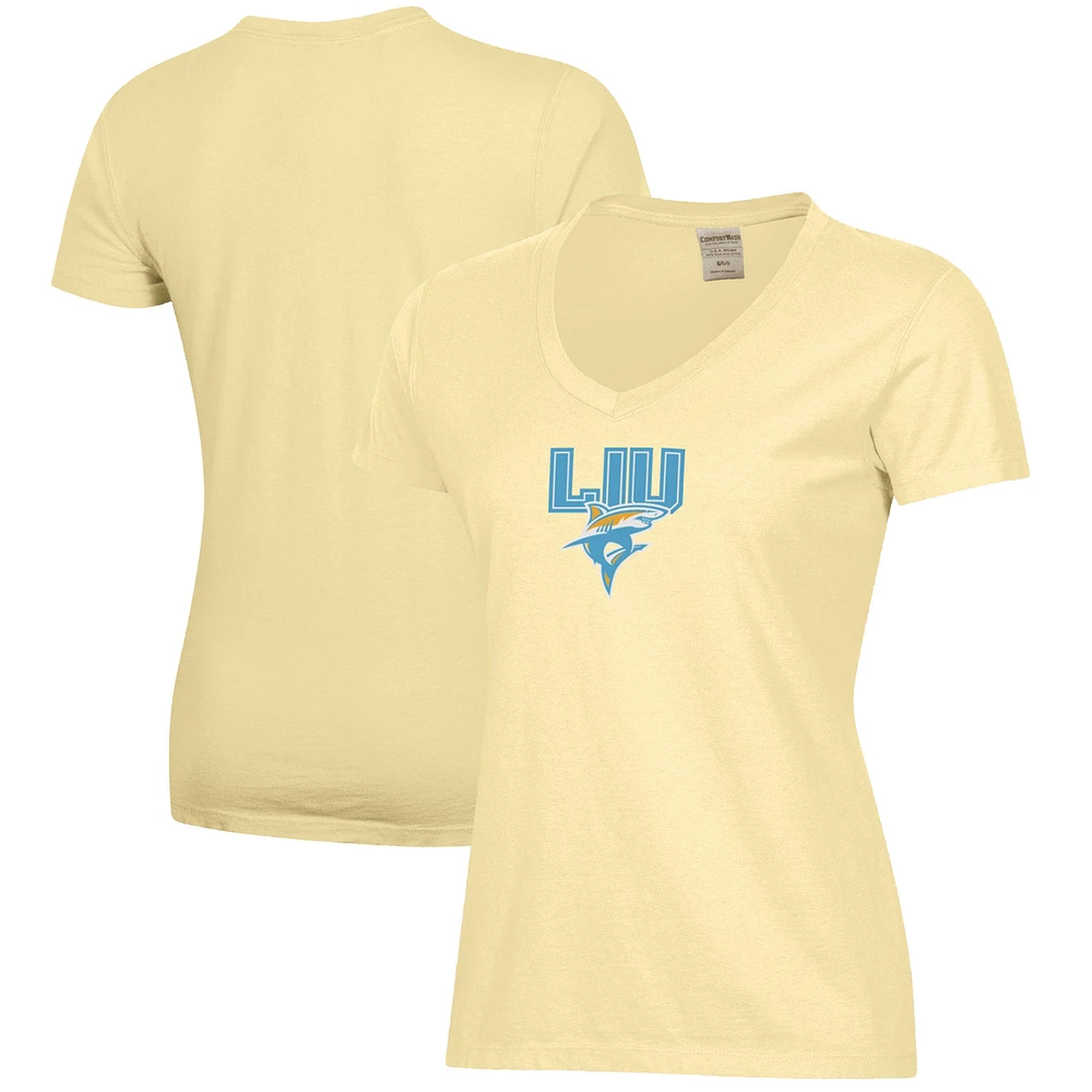 Women's Yellow LIU Sharks Logo Comfort Wash V-Neck T-Shirt