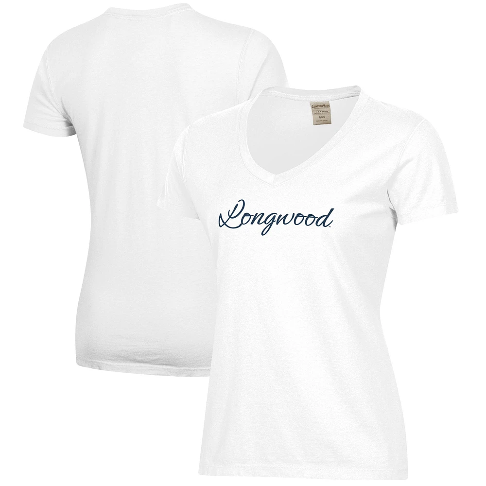 Women's White Longwood Lancers Script Logo Comfort Wash V-Neck T-Shirt