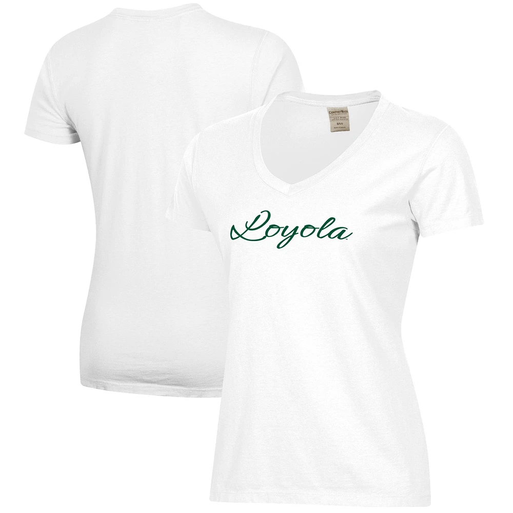 Women's White Loyola Greyhounds Script Logo Comfort Wash V-Neck T-Shirt