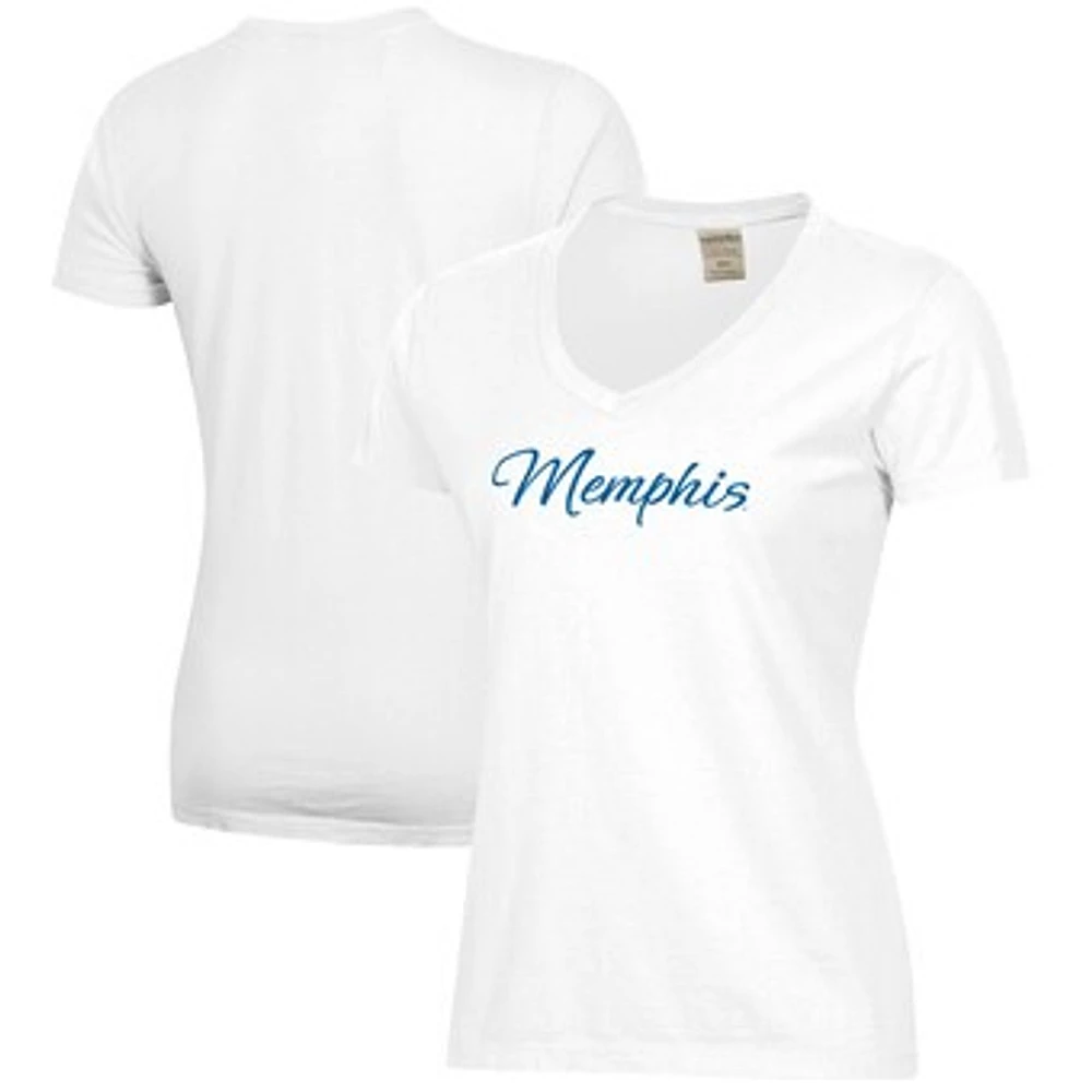 Women's White Memphis Tigers Script Logo Comfort Wash V-Neck T-Shirt
