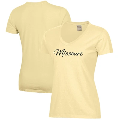 Women's Gold Missouri Tigers Script Logo Comfort Wash V-Neck T-Shirt