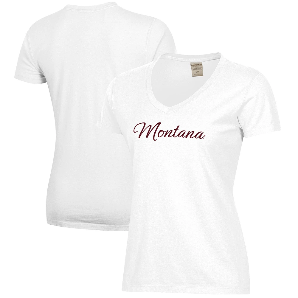 Women's White Montana Grizzlies Script Logo Comfort Wash V-Neck T-Shirt