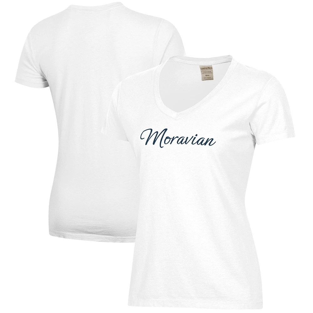 Women's White Moravian Greyhounds Script Logo Comfort Wash V-Neck T-Shirt