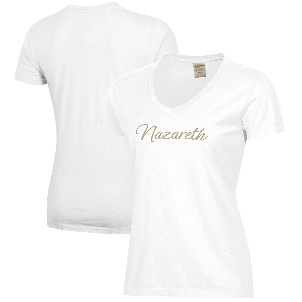 Women's White Nazareth University Golden Flyers Script Logo Comfort Wash V-Neck T-Shirt