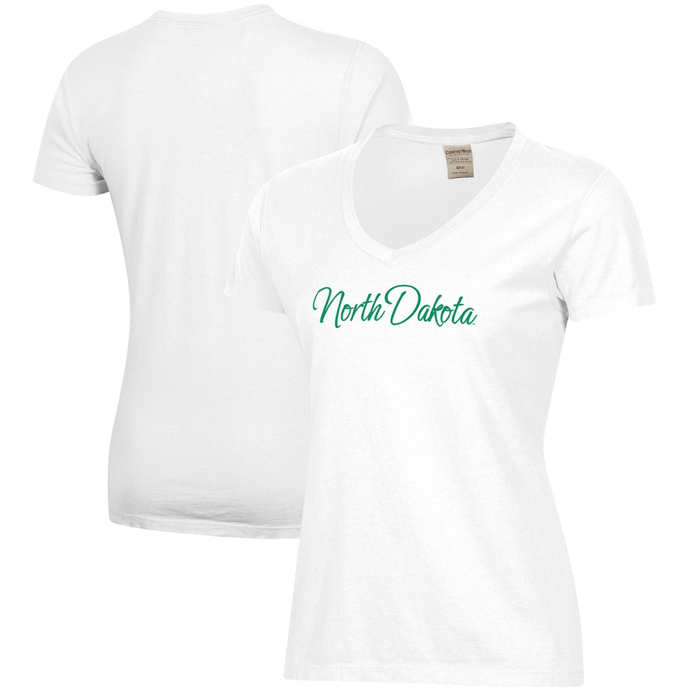 Women's White North Dakota Script Logo Comfort Wash V-Neck T-Shirt