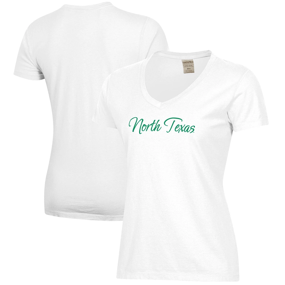 Women's White North Texas Mean Green Script Logo Comfort Wash V-Neck T-Shirt