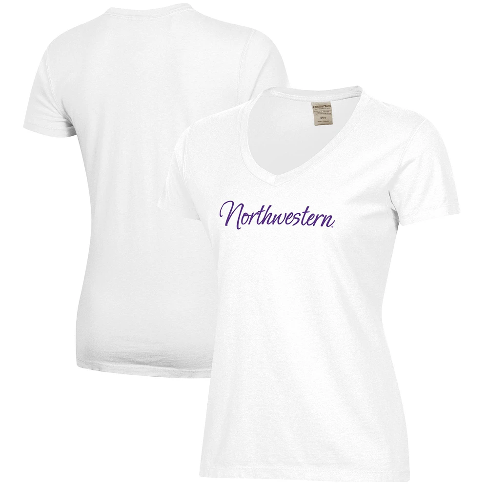 Women's White Northwestern Wildcats Script Logo Comfort Wash V-Neck T-Shirt