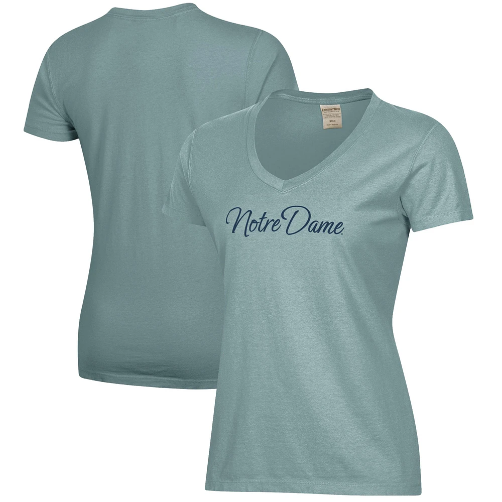 Women's Green Notre Dame Fighting Irish Script Logo Comfort Wash V-Neck T-Shirt