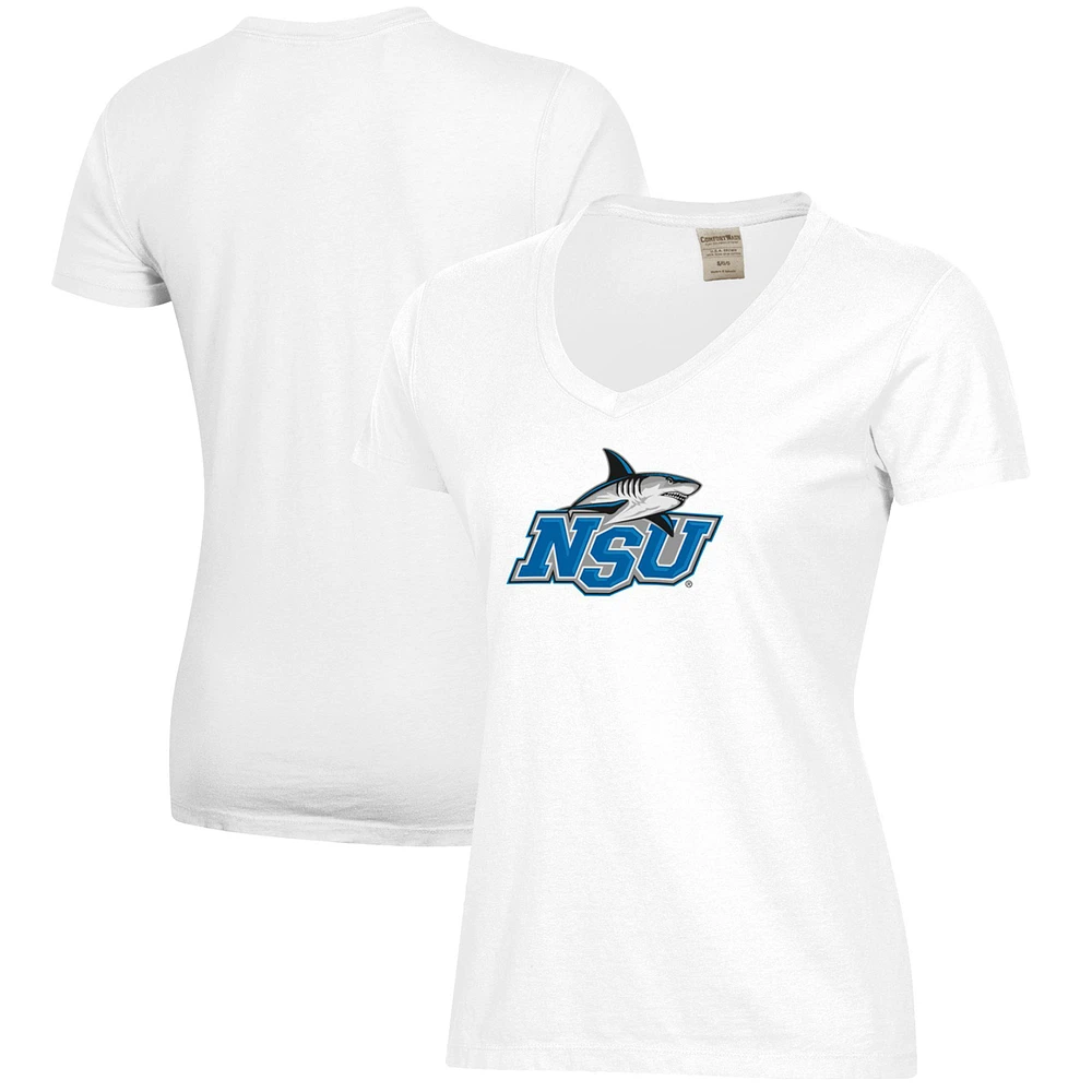Women's White Nova Southeastern Sharks Logo Comfort Wash V-Neck T-Shirt