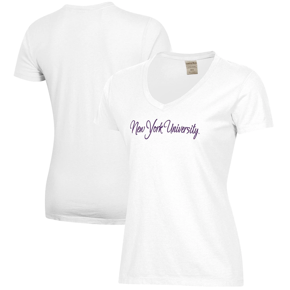 Women's White NYU Violets Script Logo Comfort Wash V-Neck T-Shirt