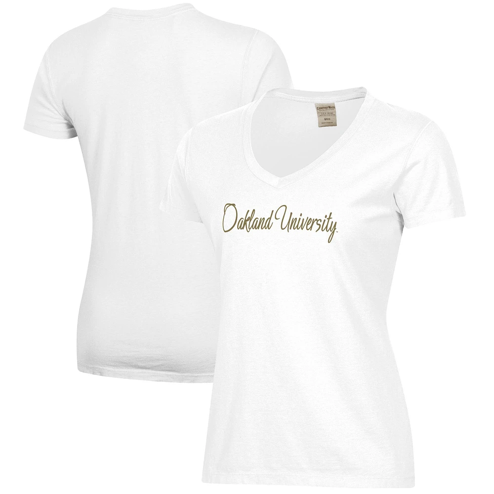 Women's White Oakland Golden Grizzlies Script Logo Comfort Wash V-Neck T-Shirt