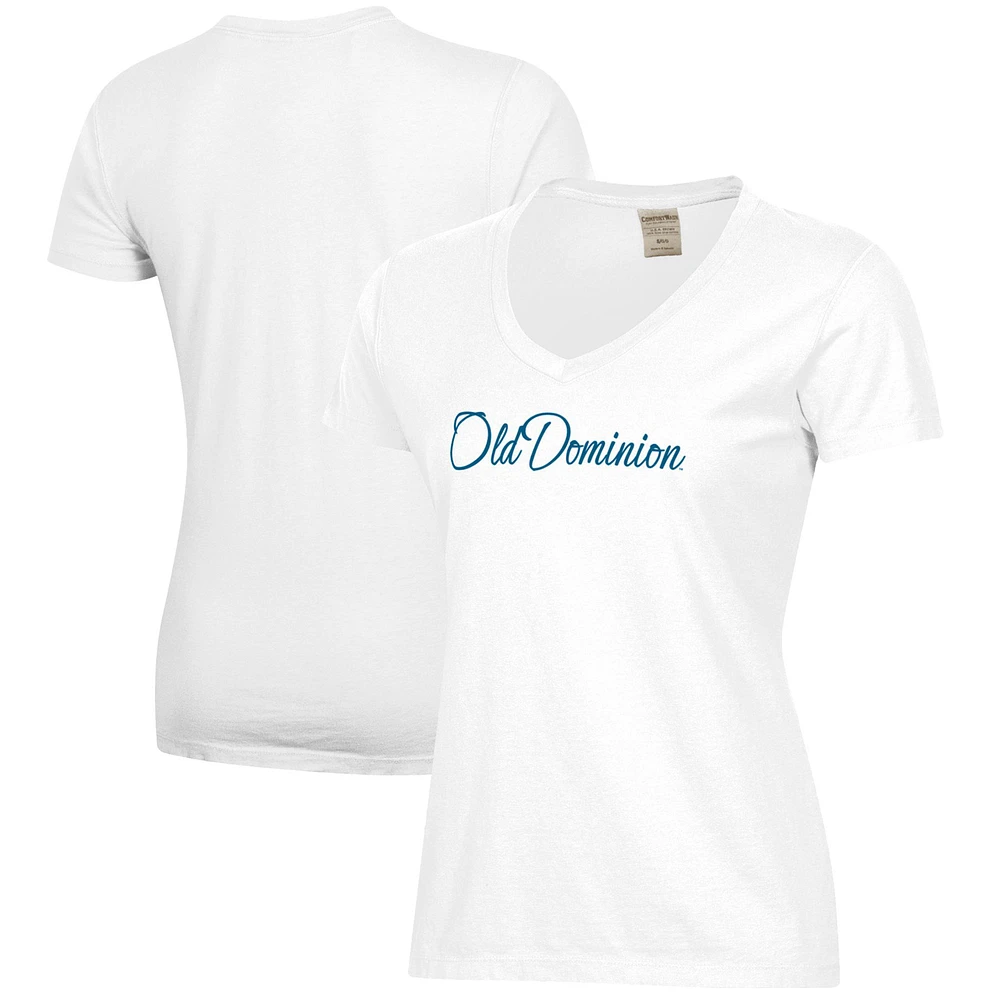 Women's White Ohio Dominican Panthers Script Logo Comfort Wash V-Neck T-Shirt